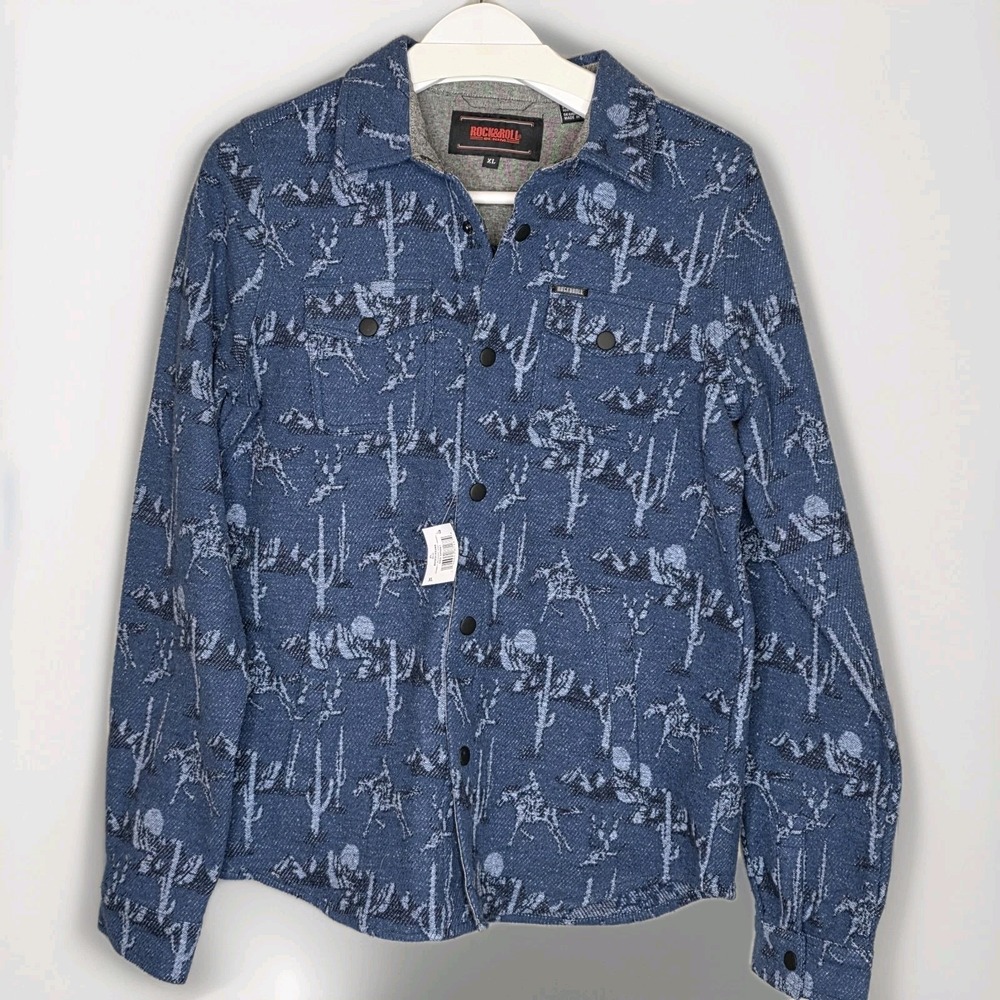 NWT Rock & Roll Denim Boys XL Horse Cactus Print Shacket Tight Knit Fleece‎ Blue
